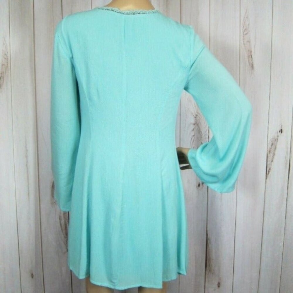 Small A-line Mini Dress Aqua Teal Blue Long Bell Sleeves w/ Lace Scoop Neck NEW - Picture 5 of 12